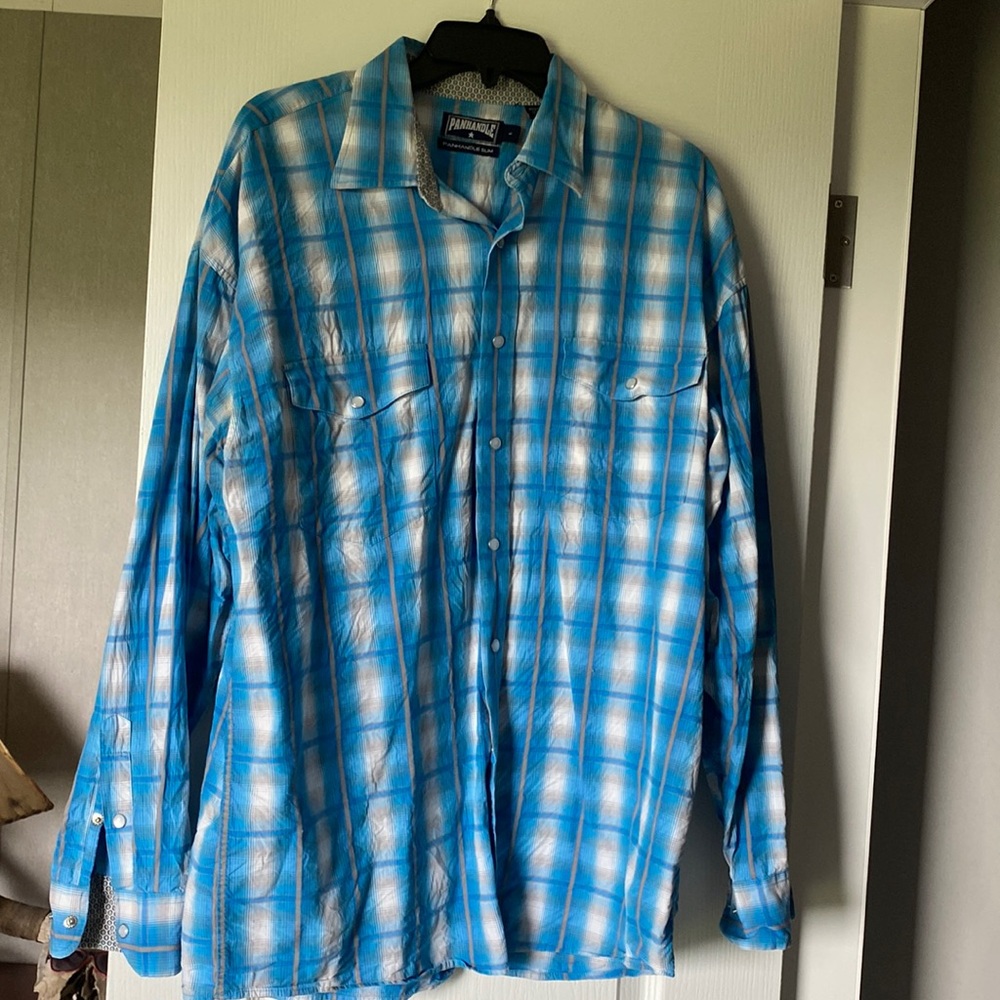 Panhandle Slim blue plaid pearl snap. Large